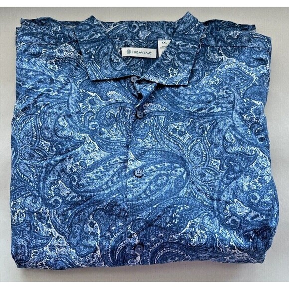 Cubavera Men Roll-up Paisley Print Button up Shirt Short-Sleeve Dark Blue Sz 2XL - Picture 2 of 6
